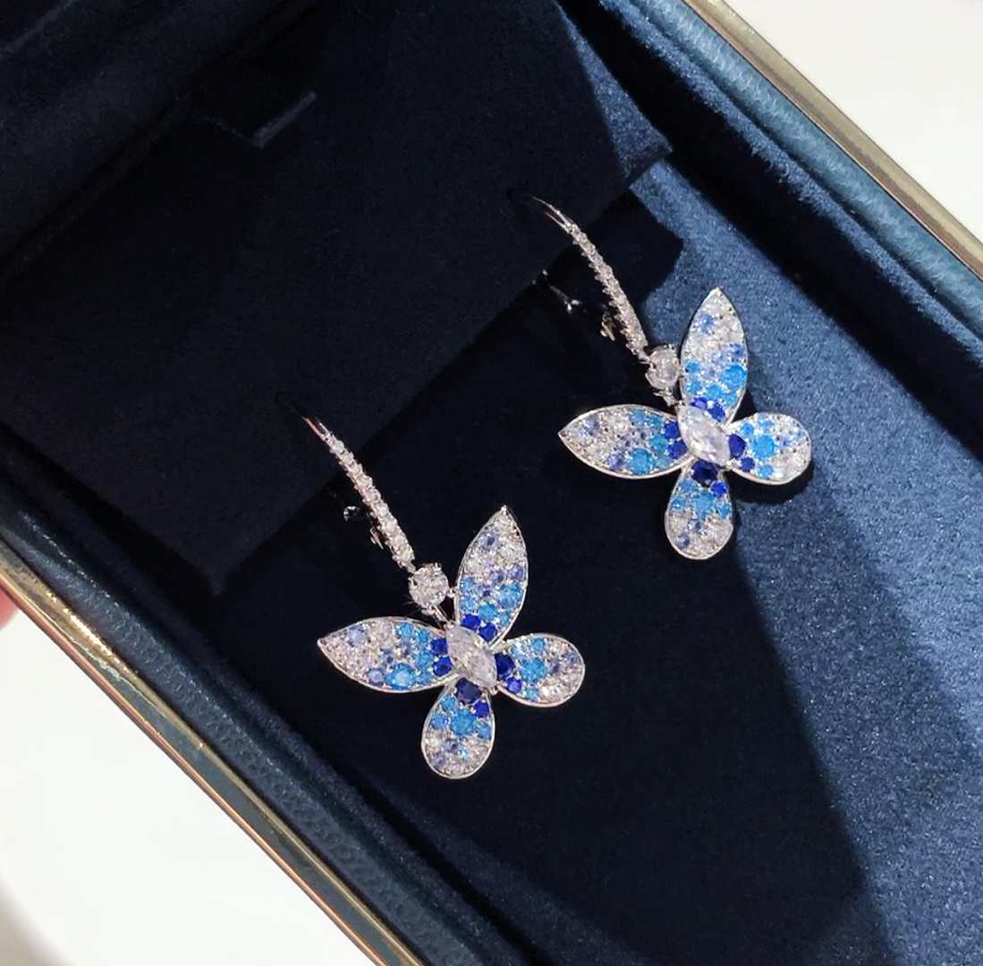 Diamond Stud Earrings - 새로운 925 실버 하이 더블 블루