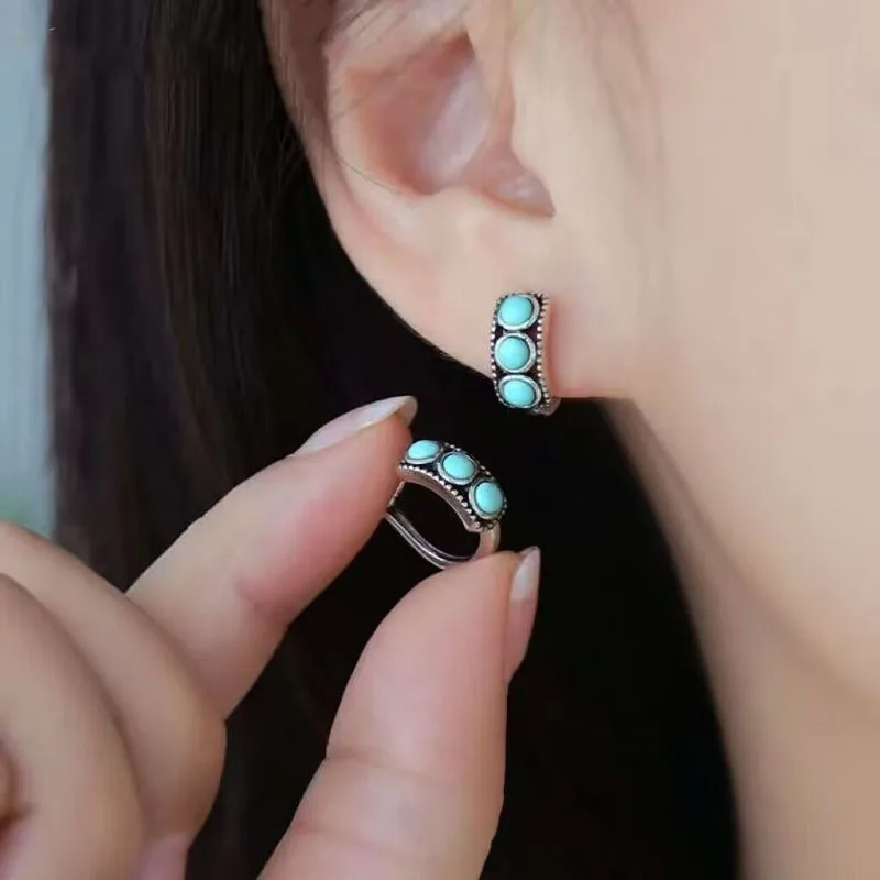 여성을위한 빈티지 모조 청록색 후프 귀걸이 보헤미안 스 - Turquoise Stone Ring 리뷰 및 가격